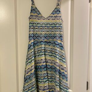Aqua Blue and Yellow Patterned Mini Dress